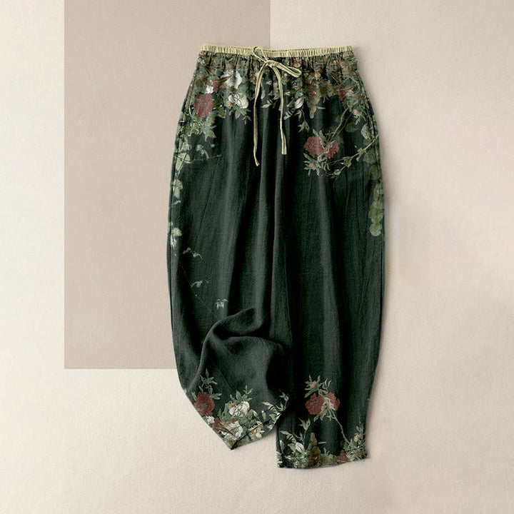 Buddha Stones Pantalones casuales de algodón para mujer con diseño de enredadera de peonía roja y cintura elástica con bolsillos. - Verde mar oscuro - US16，UK/AU20，EU48 (3XL) - image 4