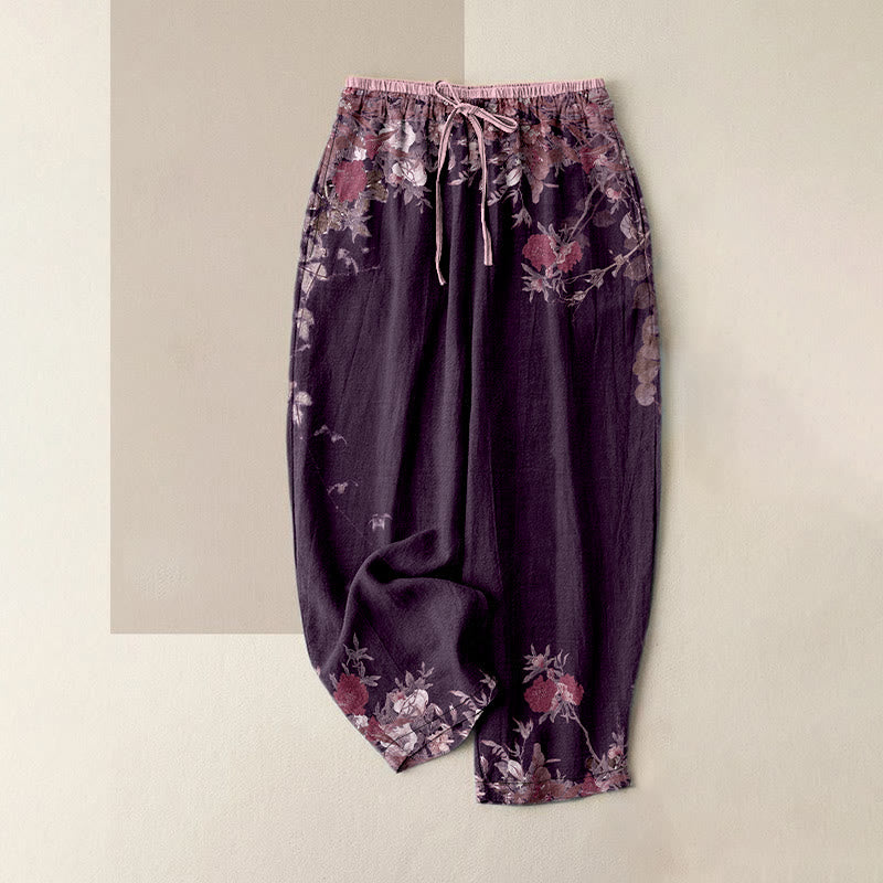 Buddha Stones Pantalones casuales de algodón para mujer con diseño de enredadera de peonía roja y cintura elástica con bolsillos. - Púrpura - US16，UK/AU20，EU48 (3XL) - image 5