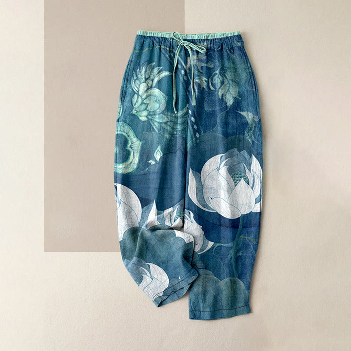 Buddha Stones Pantalones casuales de algodón blanco con estampado de hojas de loto para mujer, cintura elástica y bolsillos. - Turquesa oscuro - US16，UK/AU20，EU48 (3XL) - image 4