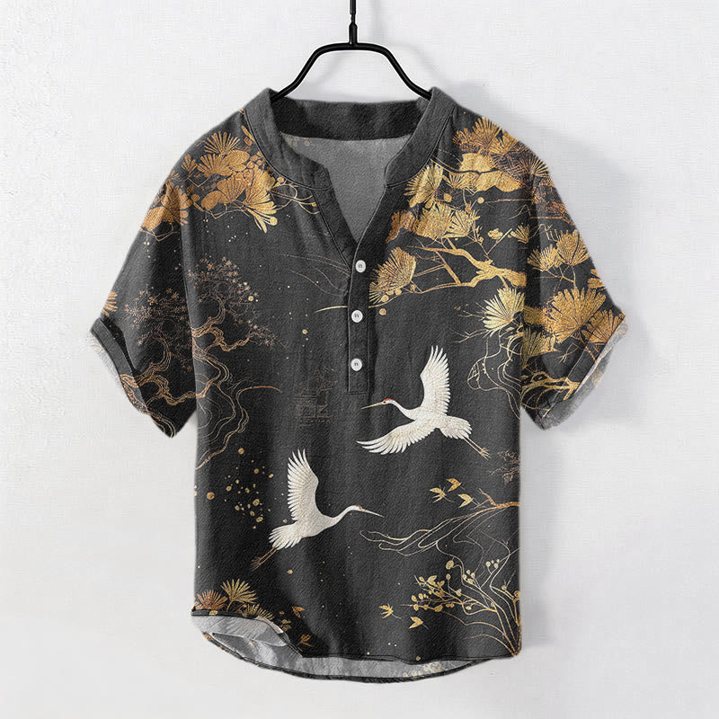 Buddha Stones Camisa de manga corta con medio botón para hombre, con estampado de pino, algodón y grulla blanca. - Negro - US/UK/AU50, EU60 (5XL) - image 0