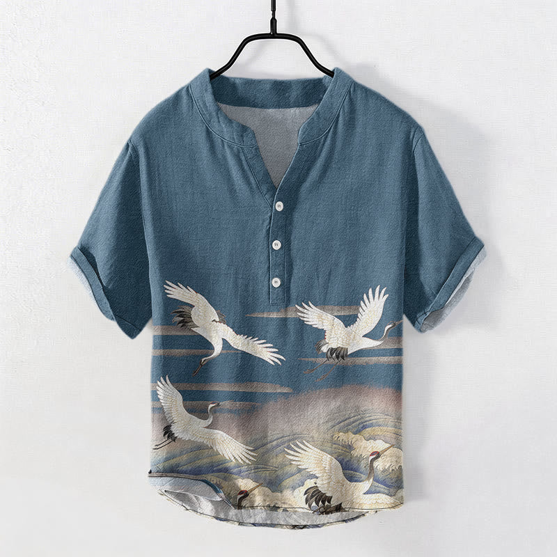 Buddha Stones Camisa de manga corta con medio botón para hombre, de algodón, con estampado de grullas y olas. - Azul acero - US/UK/AU50, EU60 (5XL) - image 4