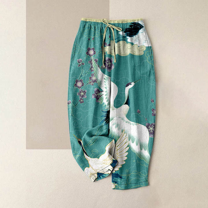 Buddha Stones Pantalones de mujer de algodón con estampado de grullas, flores y nubes auspiciosas, con cintura elástica y bolsillos. - Turquesa - US16，UK/AU20，EU48 (3XL) - image 5