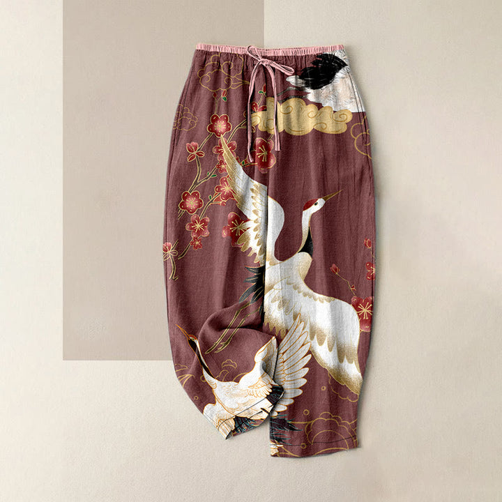 Buddha Stones Pantalones de mujer de algodón con estampado de grullas, flores y nubes auspiciosas, con cintura elástica y bolsillos. - Coral claro - US16，UK/AU20，EU48 (3XL) - image 4