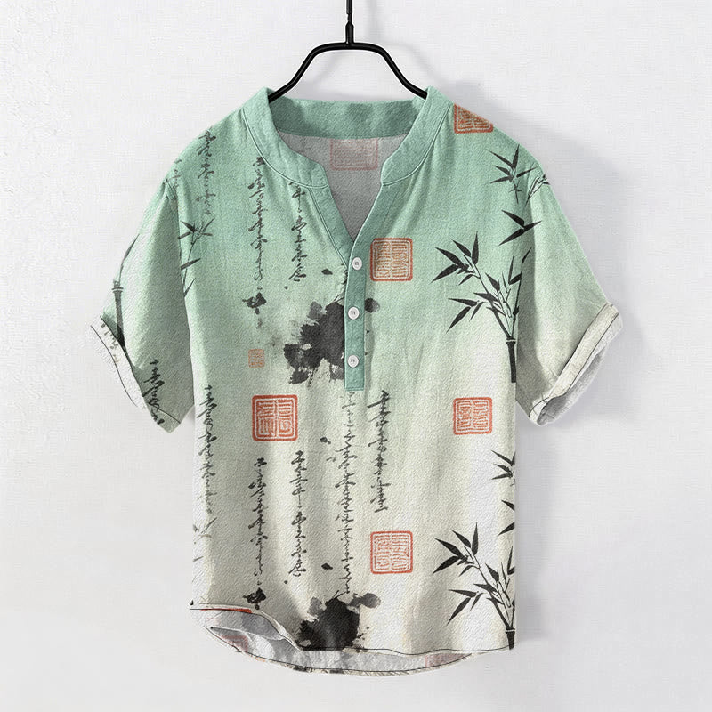 Buddha Stones Camisa de manga corta con medio botón para hombre, con estampado de caligrafía degradada en tinta de bambú y algodón. - Gotas de miel - US/UK/AU50, EU60 (5XL) - image 0