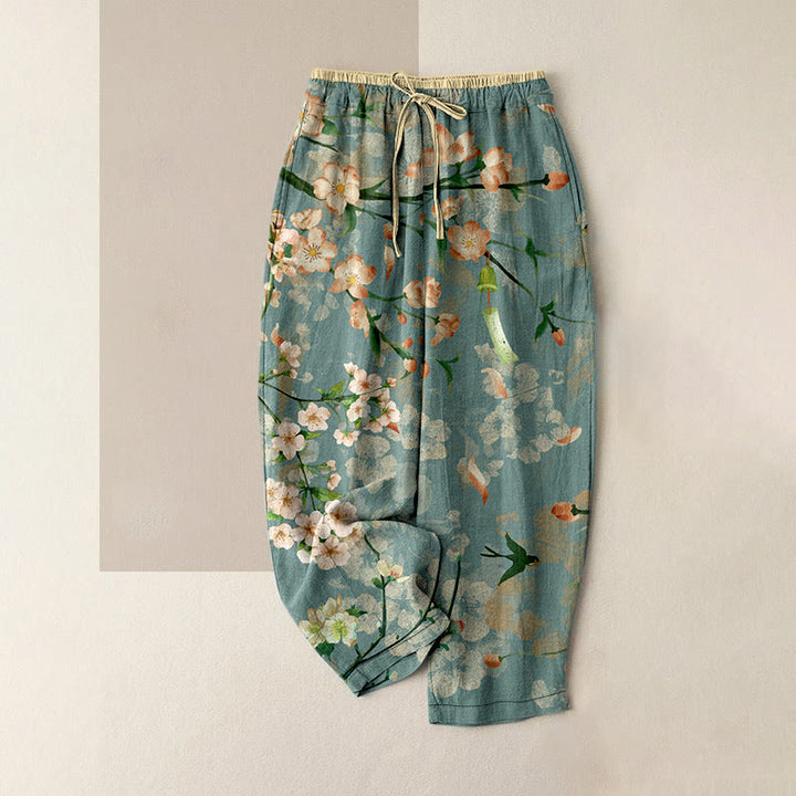 Buddha Stones Pantalones casuales de algodón para mujer con estampado de flores de durazno y gansos voladores, cintura elástica y bolsillos. - Aguamarina medio - US16，UK/AU20，EU48 (3XL) - image 0