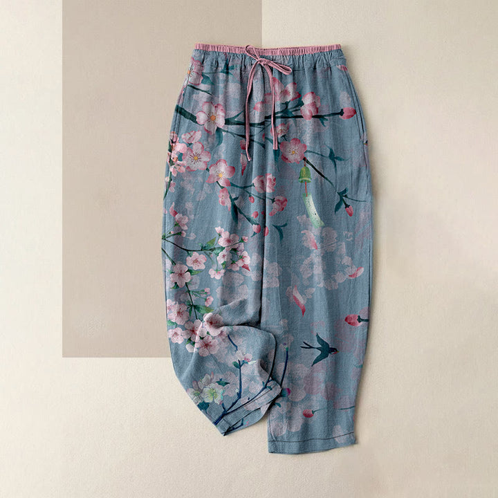 Buddha Stones Pantalones casuales de algodón para mujer con estampado de flores de durazno y gansos voladores, cintura elástica y bolsillos. - Azul aciano - US16，UK/AU20，EU48 (3XL) - image 5