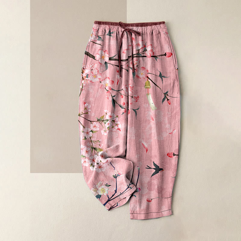 Buddha Stones Pantalones casuales de algodón para mujer con estampado de flores de durazno y gansos voladores, cintura elástica y bolsillos. - Rosa - US16，UK/AU20，EU48 (3XL) - image 4