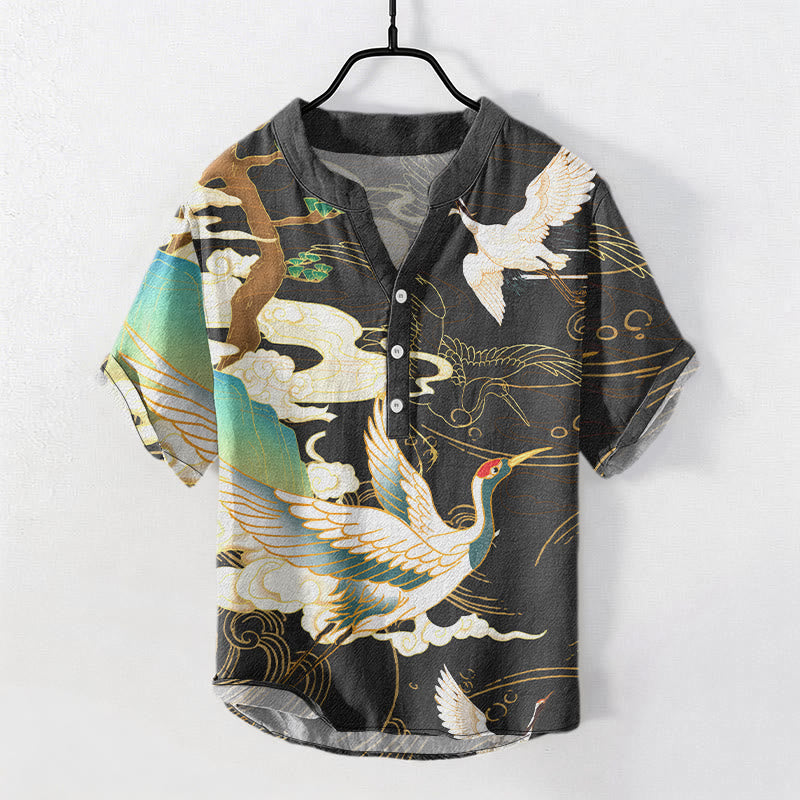 Buddha Stones Camisa de manga corta con medio botón para hombre con estampado de pinos y nubes auspiciosas de Cotton Crane. - Negro - US/UK/AU50, EU60 (5XL) - image 0