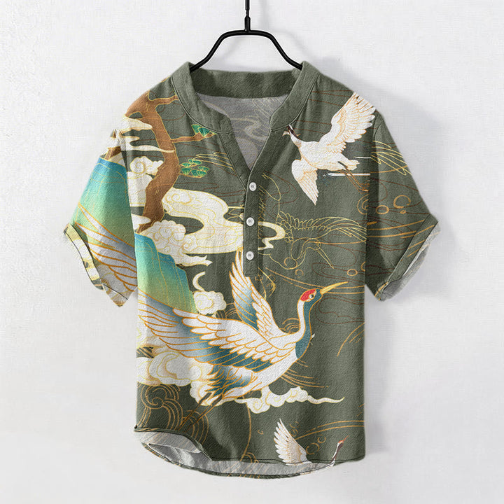 Buddha Stones Camisa de manga corta con medio botón para hombre con estampado de pinos y nubes auspiciosas de Cotton Crane. - Verde mar oscuro - US/UK/AU50, EU60 (5XL) - image 6