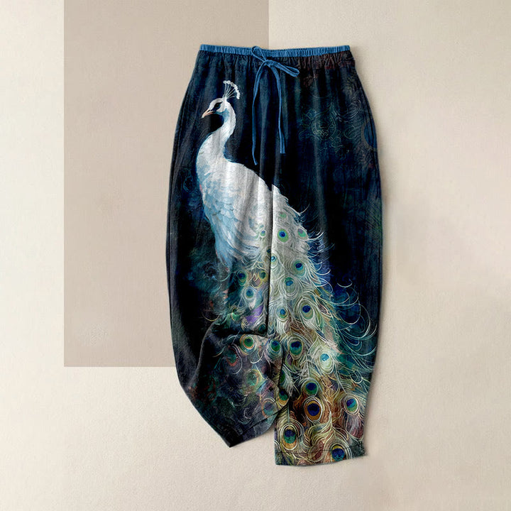 Buddha Stones Pantalones casuales de algodón con un precioso estampado de pavo real, cintura elástica y bolsillos para mujer. - Azul medianoche - US16，UK/AU20，EU48 (3XL) - image 0