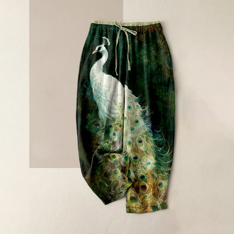 Buddha Stones Pantalones casuales de algodón con un precioso estampado de pavo real, cintura elástica y bolsillos para mujer. - Verde oscuro - US16，UK/AU20，EU48 (3XL) - image 4