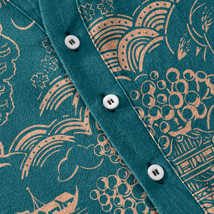 Buddha Stones Camisa de manga corta con medio botón para hombre, de algodón, con estampado de paisaje de torres naturales. - image 3