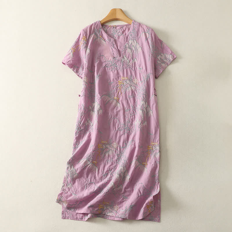 Buddha Stones Vestido midi de algodón de manga corta con cuello en V, diseño floral y bolsillos, ideal para el verano. - Ciruela - US8-10，UK/AU12-14，EU40-42 (2XL) - image 0