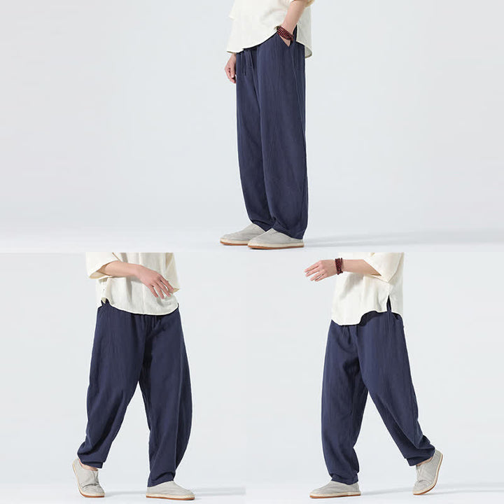 Buddha Stones Pantalones de algodón de color liso para hombre, con cordón ajustable y bolsillos, ideales para la primavera. - image 13