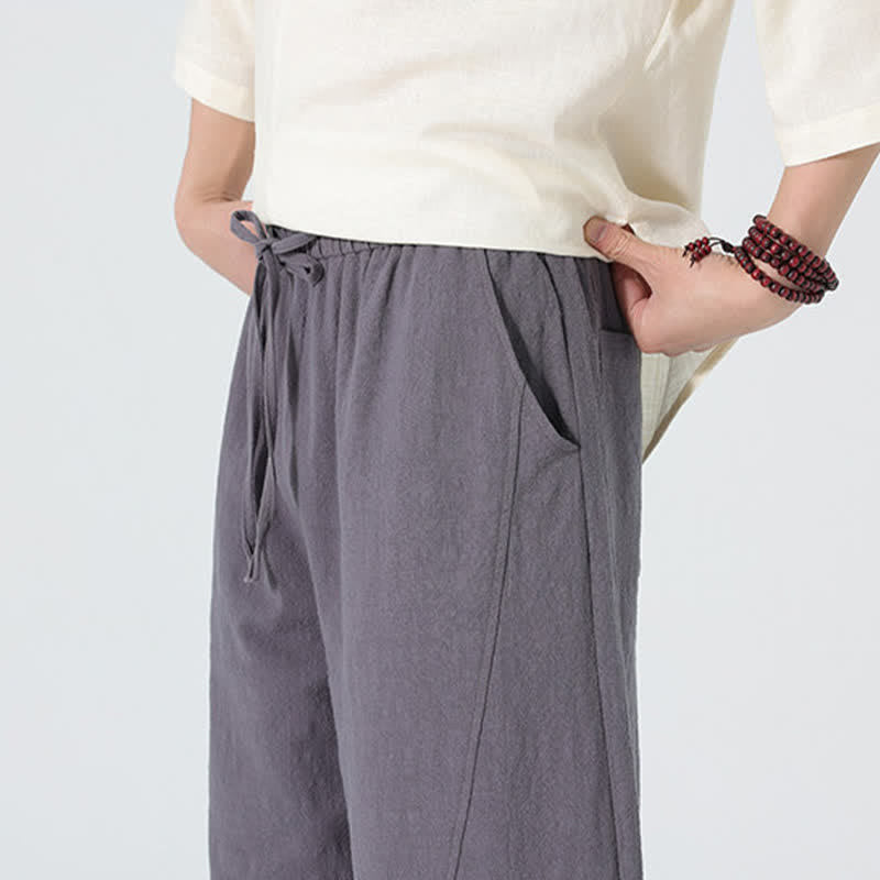 Buddha Stones Pantalones de algodón de color liso para hombre, con cordón ajustable y bolsillos, ideales para la primavera. - image 4