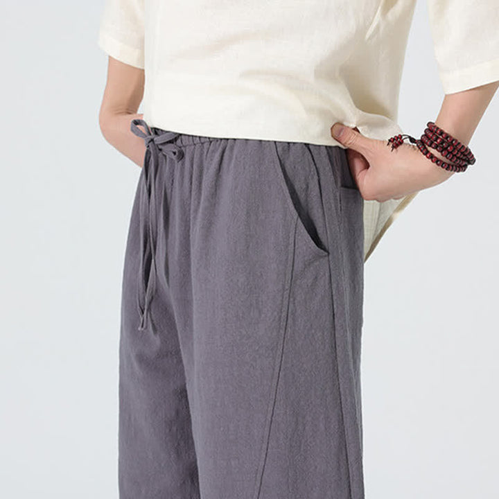 Buddha Stones Pantalones de algodón de color liso para hombre, con cordón ajustable y bolsillos, ideales para la primavera. - image 4