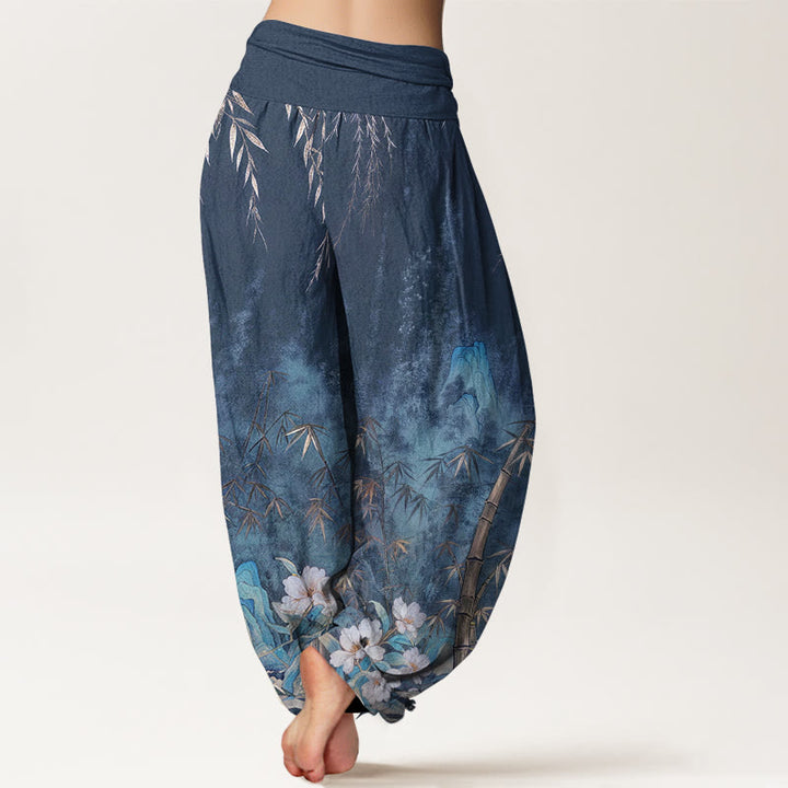 Buddha Stones Pantalones harem de mujer con cintura elástica y estampado de flores de bambú y paisaje natural de algodón. - image 2