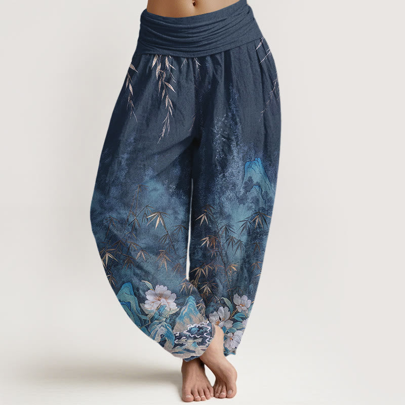 Buddha Stones Pantalones harem de mujer con cintura elástica y estampado de flores de bambú y paisaje natural de algodón. - Azul acero - US16，UK/AU20，EU48 (3XL) - image 0