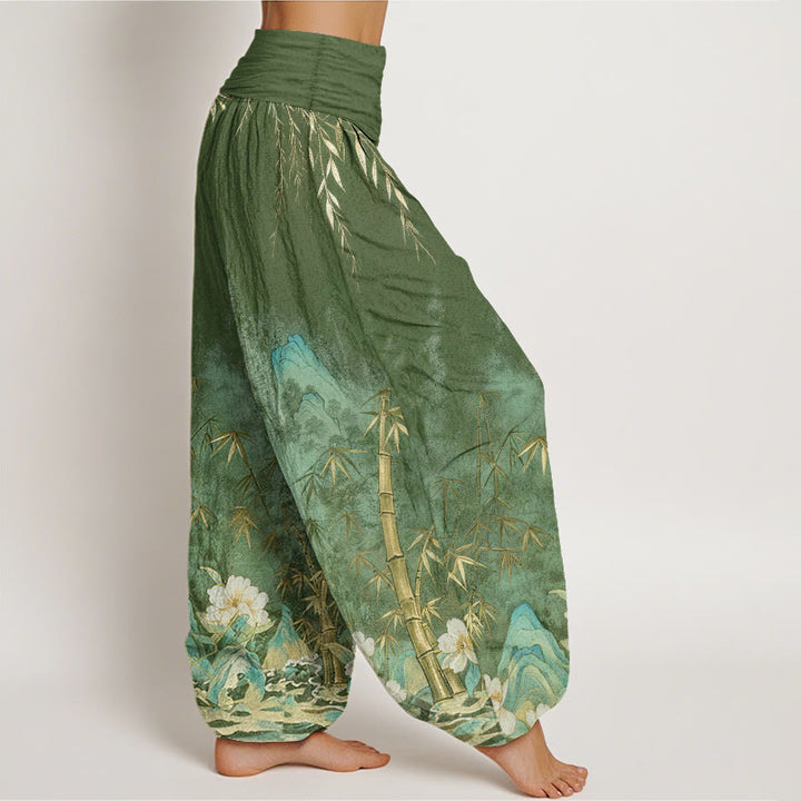 Buddha Stones Pantalones harem de mujer con cintura elástica y estampado de flores de bambú y paisaje natural de algodón. - image 6