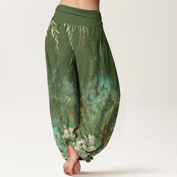 Buddha Stones Pantalones harem de mujer con cintura elástica y estampado de flores de bambú y paisaje natural de algodón. - image 7
