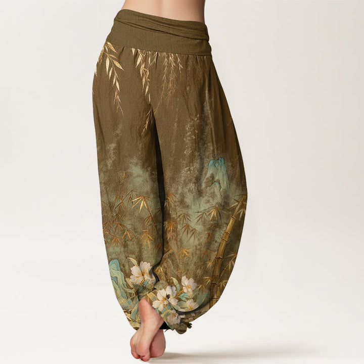 Buddha Stones Pantalones harem de mujer con cintura elástica y estampado de flores de bambú y paisaje natural de algodón. - image 10