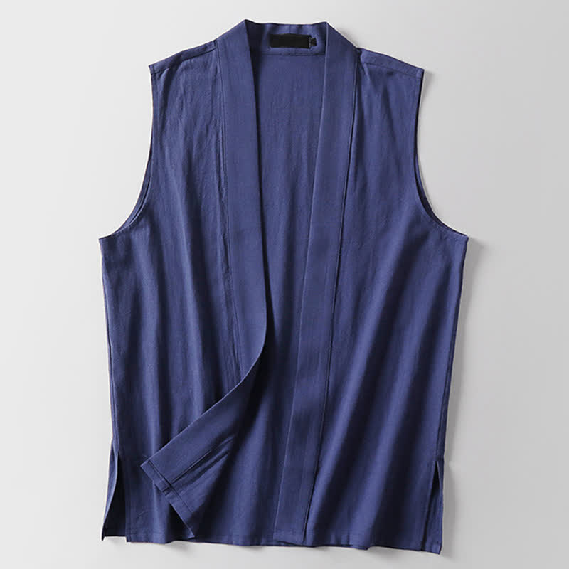 Buddha Stones Kimono de algodón y lino sin mangas para hombre, de color liso y diseño abierto, ideal para primavera. - image 16