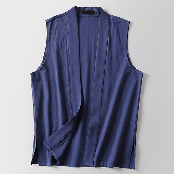 Buddha Stones Kimono de algodón y lino sin mangas para hombre, de color liso y diseño abierto, ideal para primavera. - image 16