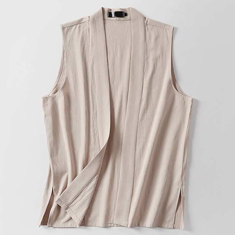 Buddha Stones Kimono de algodón y lino sin mangas para hombre, de color liso y diseño abierto, ideal para primavera. - image 14