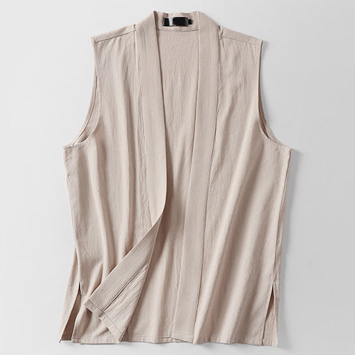 Buddha Stones Kimono de algodón y lino sin mangas para hombre, de color liso y diseño abierto, ideal para primavera. - image 14