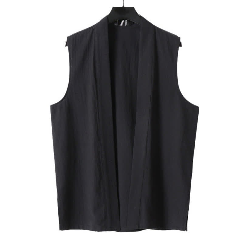 Buddha Stones Kimono de algodón y lino sin mangas para hombre, de color liso y diseño abierto, ideal para primavera. - image 12