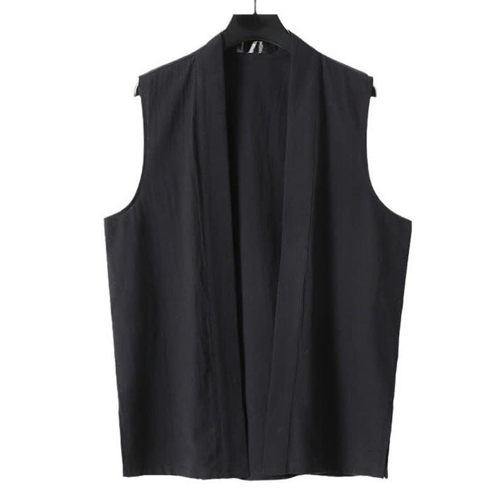 Buddha Stones Kimono de algodón y lino sin mangas para hombre, de color liso y diseño abierto, ideal para primavera. - image 12