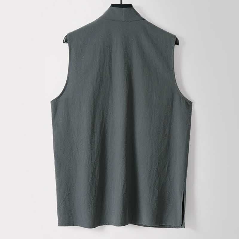 Buddha Stones Kimono de algodón y lino sin mangas para hombre, de color liso y diseño abierto, ideal para primavera. - image 1