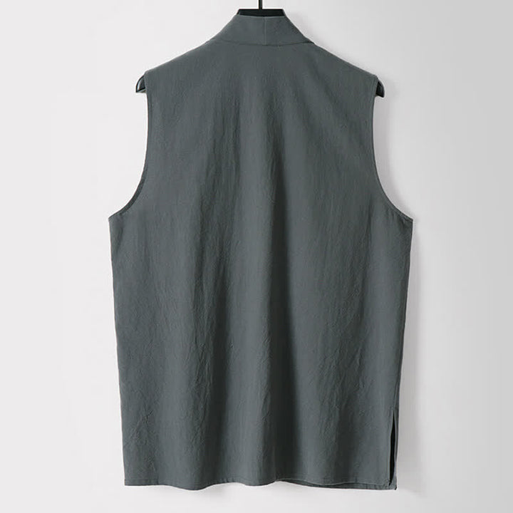 Buddha Stones Kimono de algodón y lino sin mangas para hombre, de color liso y diseño abierto, ideal para primavera. - image 1