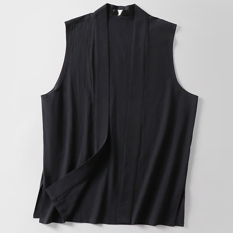 Buddha Stones Kimono de algodón y lino sin mangas para hombre, de color liso y diseño abierto, ideal para primavera. - image 11