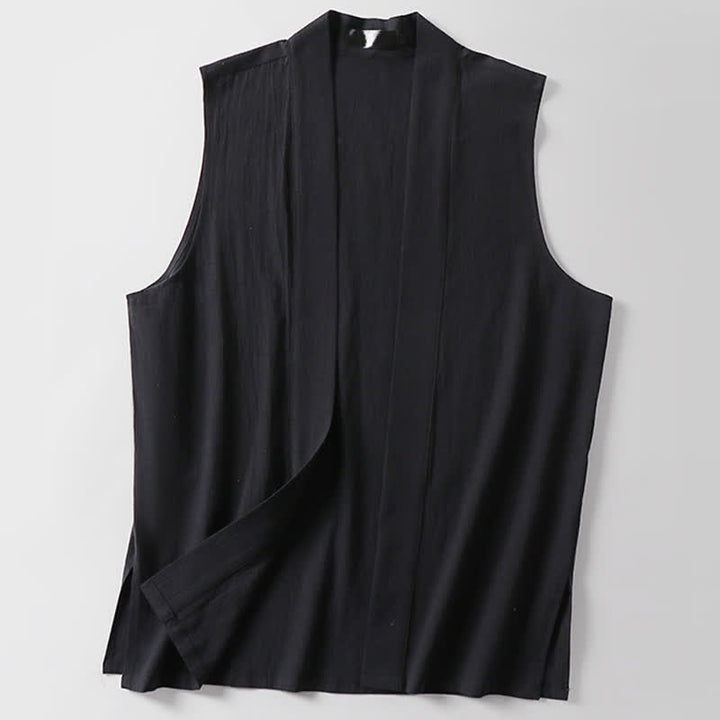 Buddha Stones Kimono de algodón y lino sin mangas para hombre, de color liso y diseño abierto, ideal para primavera. - image 11