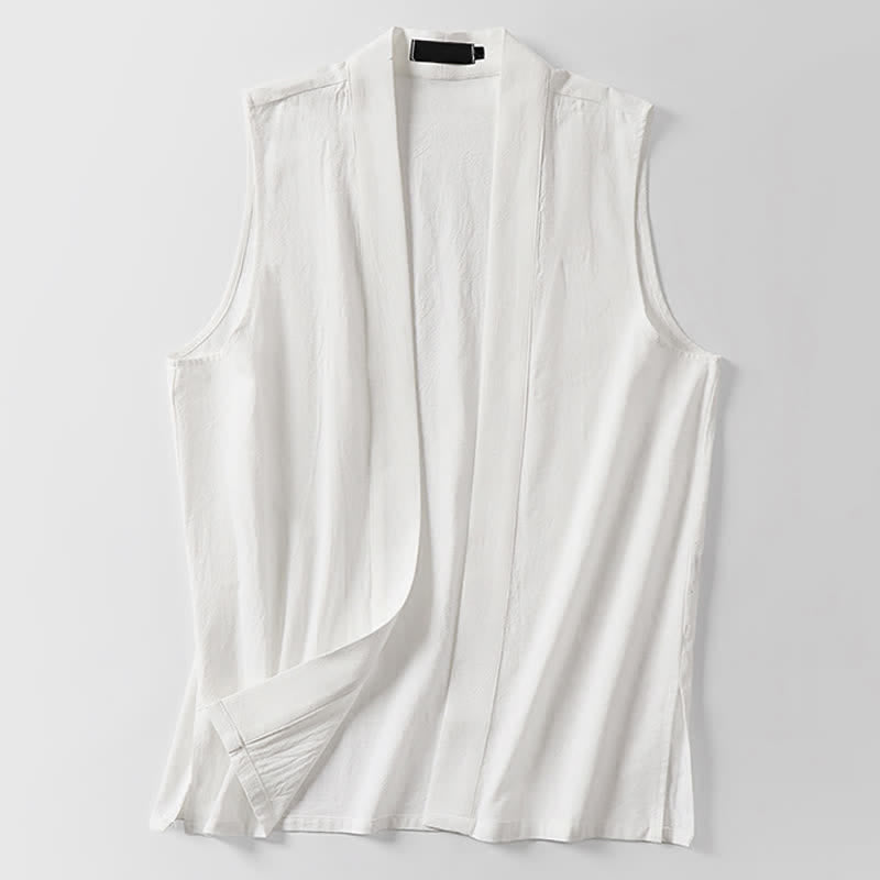 Buddha Stones Kimono de algodón y lino sin mangas para hombre, de color liso y diseño abierto, ideal para primavera. - image 9