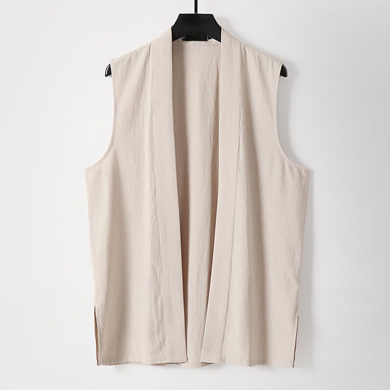 Buddha Stones Kimono de algodón y lino sin mangas para hombre, de color liso y diseño abierto, ideal para primavera. - Beige - US./ UK/ 56, UE 66 (9XL) - image 13