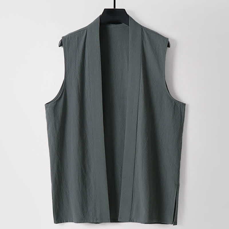 Buddha Stones Kimono de algodón y lino sin mangas para hombre, de color liso y diseño abierto, ideal para primavera. - Gris oscuro - US./ UK/ 56, UE 66 (9XL) - image 0