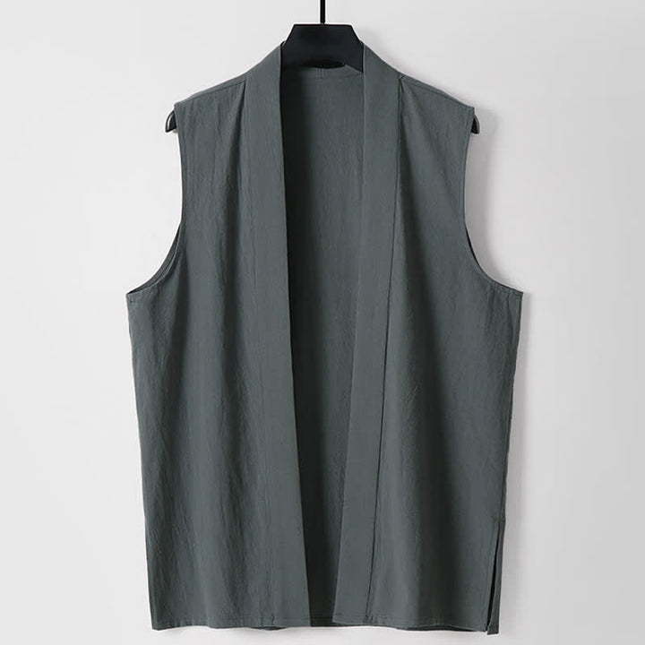 Buddha Stones Kimono de algodón y lino sin mangas para hombre, de color liso y diseño abierto, ideal para primavera. - Gris oscuro - US./ UK/ 56, UE 66 (9XL) - image 0