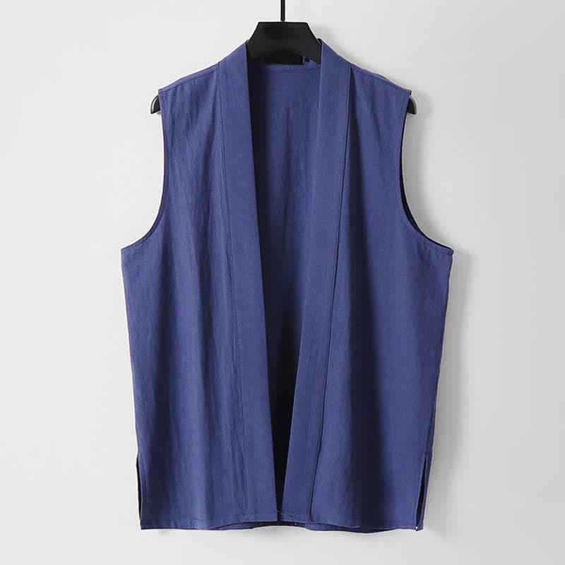 Buddha Stones Kimono de algodón y lino sin mangas para hombre, de color liso y diseño abierto, ideal para primavera. - Azul oscuro - US./ UK/ 56, UE 66 (9XL) - image 15