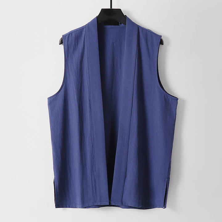 Buddha Stones Kimono de algodón y lino sin mangas para hombre, de color liso y diseño abierto, ideal para primavera. - Azul oscuro - US./ UK/ 56, UE 66 (9XL) - image 15