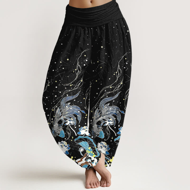 Buddha Stones Pantalones harem de mujer con cintura elástica, estampado de cielo estrellado, peces koi y olas de loto, de algodón. - Negro - US16，UK/AU20，EU48 (3XL) - image 0