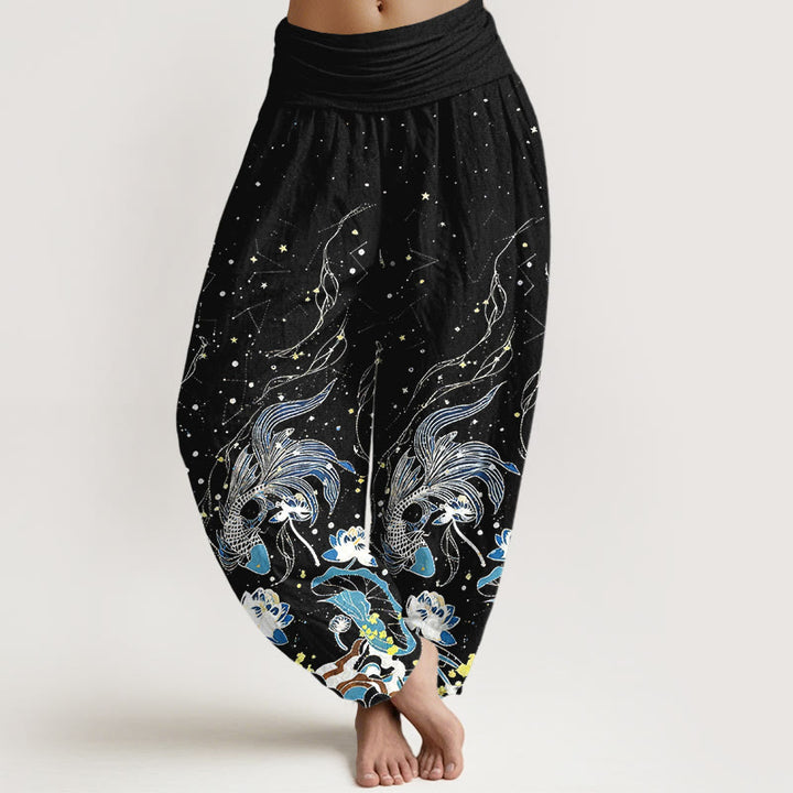 Buddha Stones Pantalones harem de mujer con cintura elástica, estampado de cielo estrellado, peces koi y olas de loto, de algodón. - Negro - US16，UK/AU20，EU48 (3XL) - image 0