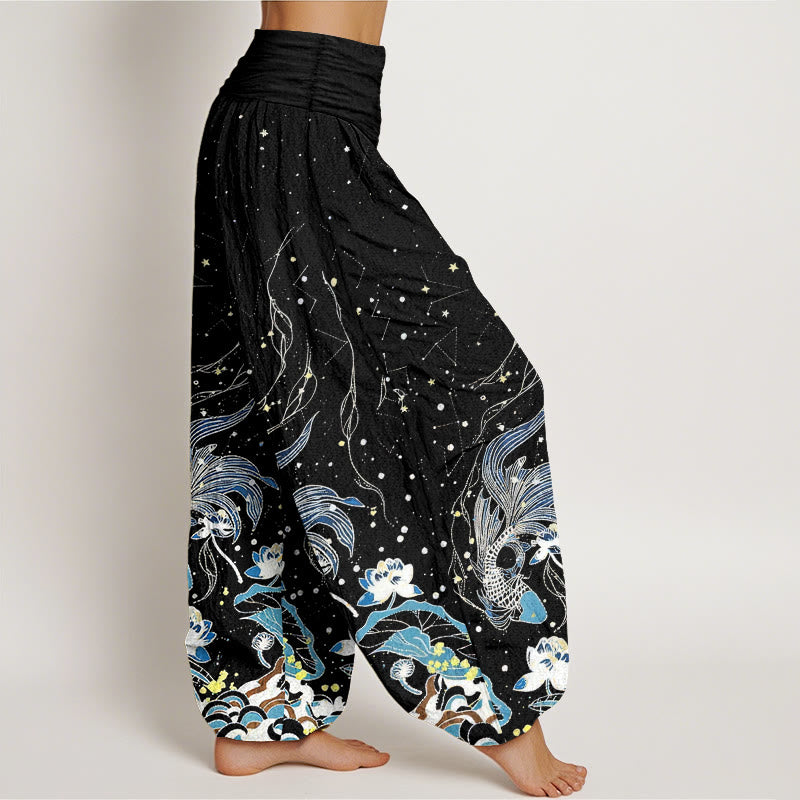Buddha Stones Pantalones harem de mujer con cintura elástica, estampado de cielo estrellado, peces koi y olas de loto, de algodón. - image 1
