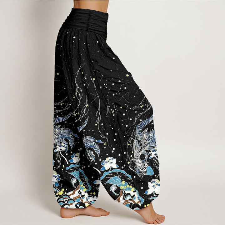 Buddha Stones Pantalones harem de mujer con cintura elástica, estampado de cielo estrellado, peces koi y olas de loto, de algodón. - image 1