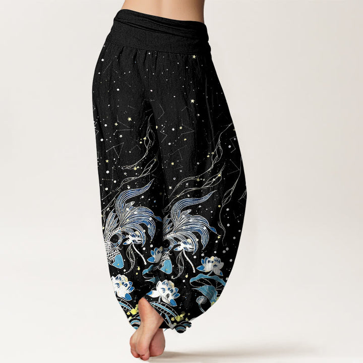 Buddha Stones Pantalones harem de mujer con cintura elástica, estampado de cielo estrellado, peces koi y olas de loto, de algodón. - image 2