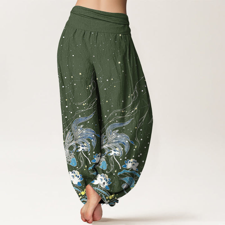 Buddha Stones Pantalones harem de mujer con cintura elástica, estampado de cielo estrellado, peces koi y olas de loto, de algodón. - image 7