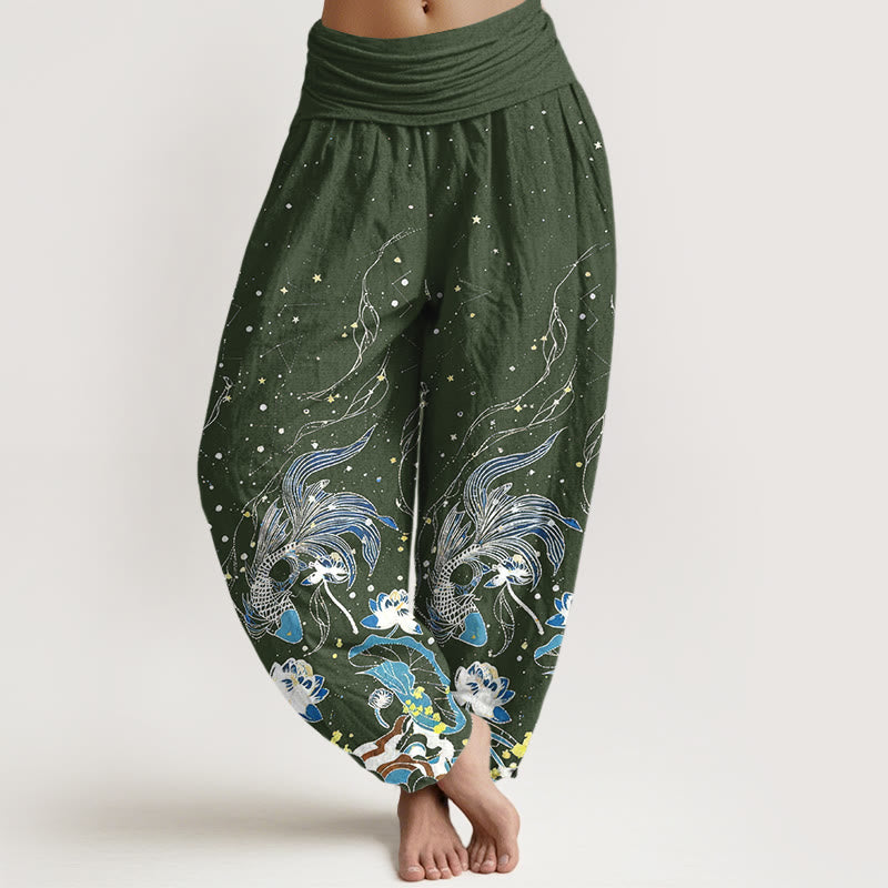 Buddha Stones Pantalones harem de mujer con cintura elástica, estampado de cielo estrellado, peces koi y olas de loto, de algodón. - Verde oliva oscuro - US16，UK/AU20，EU48 (3XL) - image 5
