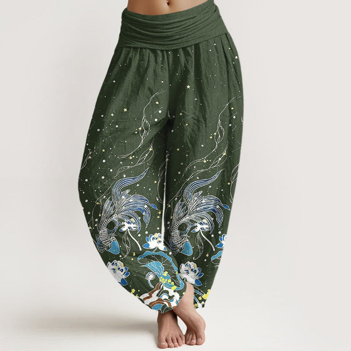 Buddha Stones Pantalones harem de mujer con cintura elástica, estampado de cielo estrellado, peces koi y olas de loto, de algodón. - Verde oliva oscuro - US16，UK/AU20，EU48 (3XL) - image 5