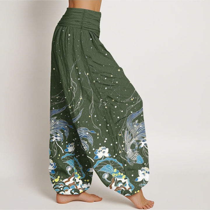 Buddha Stones Pantalones harem de mujer con cintura elástica, estampado de cielo estrellado, peces koi y olas de loto, de algodón. - image 6